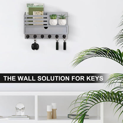 Key Holder Wall Mount, Mail Holder with Storage Drawer and 5 Key Hooks for Coat, Dog Leash, Home Decor Rack, House Accessories, Entry Way Organizer