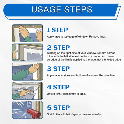 Thermal Shrink Window Insulation Film Kit 5 Pack (47"x315") – Heavy-Duty, Custom-Cut to Size | Blocks Drafts, Saves Energy | Easy DIY Install & Remove with Tape | Fits Home, Office, RV