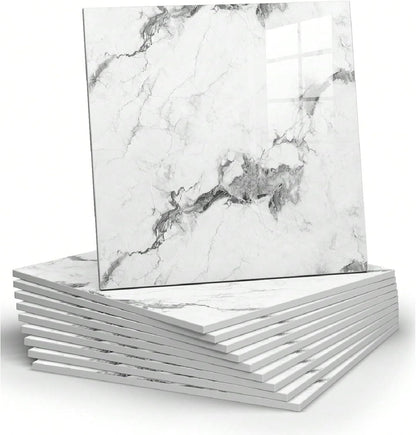 Chejiaye 10pcs Marble Peel and Stick Backsplash Waterproof Washroom Wall Panels, Peel and Stick Tile, PVC Foam Wall Panels for Kitchen,Bathroom,Living Room,Blue and Gold(Not Real Tile,11.8" x 11.8")