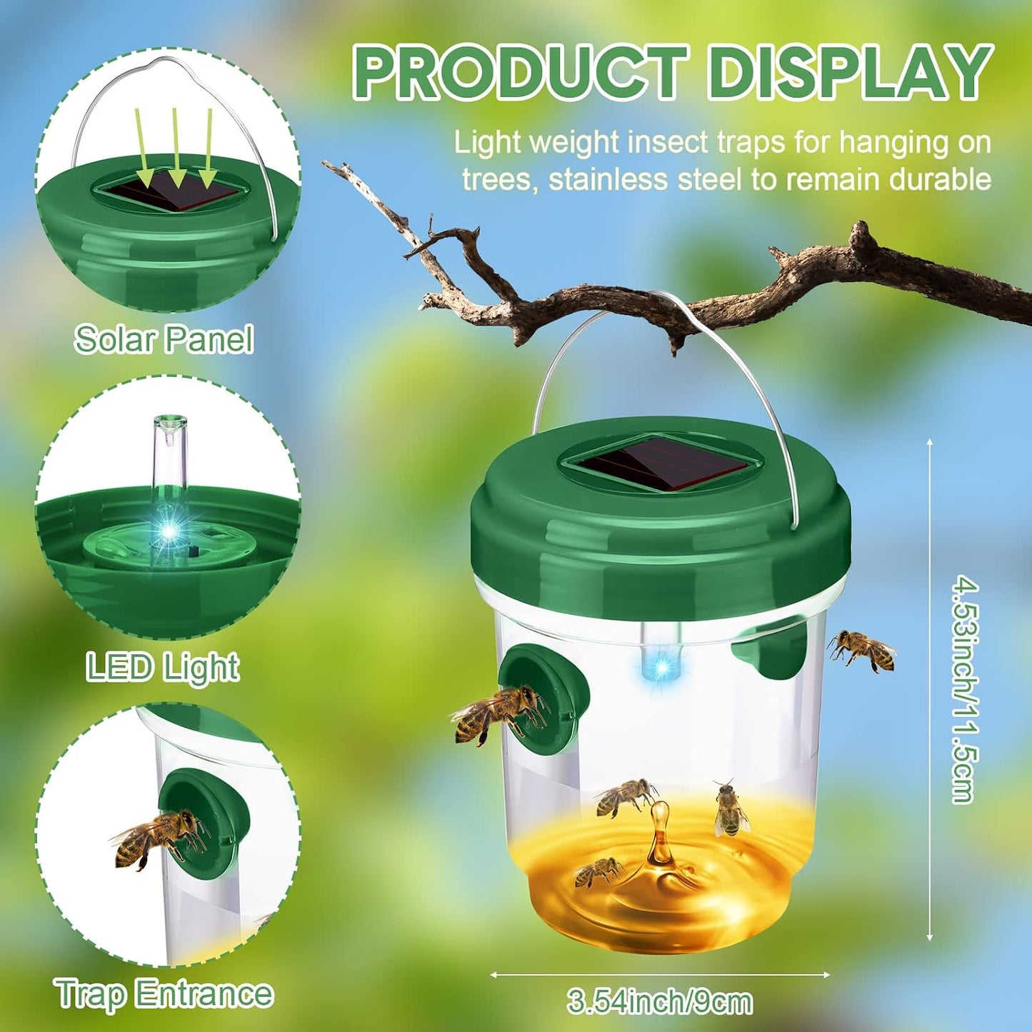 Wasp Trap Solar Powered Bee Trap Reusable Fly Traps Outdoor Hanging Wasp Killer with UV LED Light Flying Insects Bee Killer for Indoor Outside Patio Garden Home (6, Yellow)
