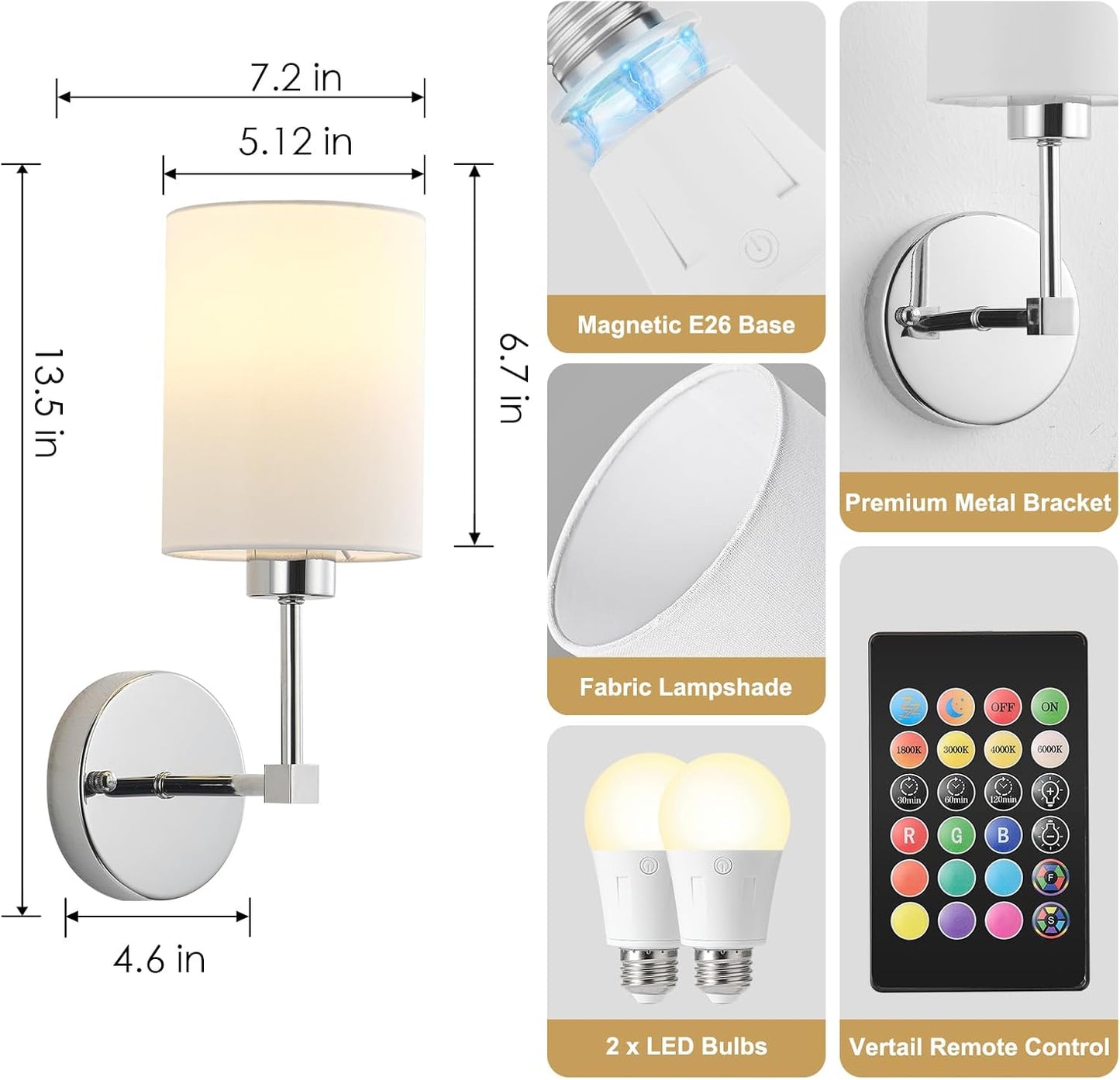 Battery Operated Wall Sconces Set of Two,Wireless Rechargeable Wall Light With Remote Control, Dimmable, Amber Light/Warm White/Natural White/Daylight/RGB, Timer,for Living Room,Bedroom,Entryway,Gold
