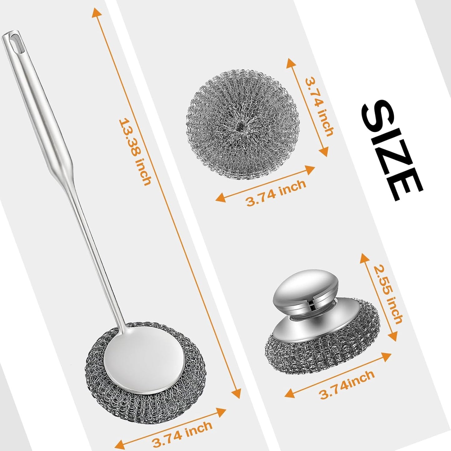 Heavy Duty Stainless Steel Scrubber Set - Long & Short Handle with 5 Steel Wool Pads, Cast Iron & Pot Scrubber for Dishes, Pans, Grills, Stoves