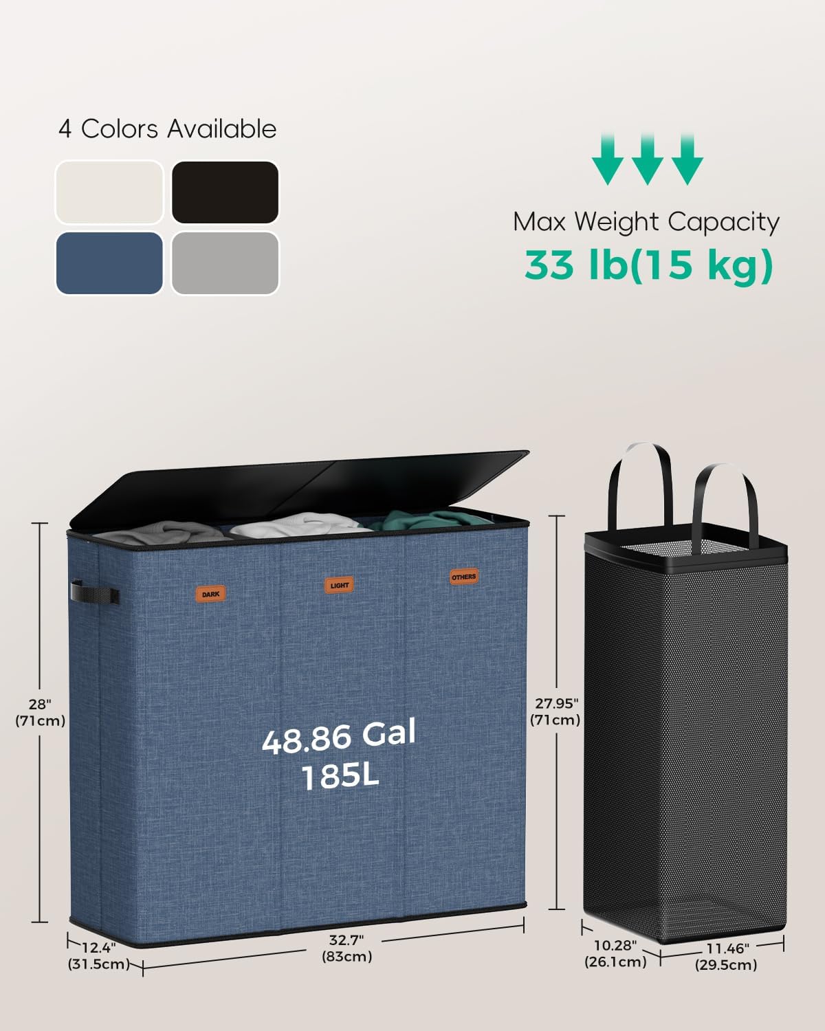 185L Laundry Hamper 3 Section with Lid & Removable Bags | Collapsible laundry basket organizer for laundry room, bedroom & dorm with 3 removable washing bags