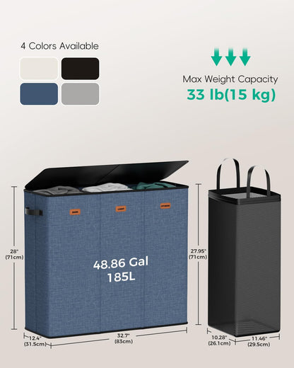 185L Laundry Hamper 3 Section with Lid & Removable Bags | Collapsible laundry basket organizer for laundry room, bedroom & dorm with 3 removable washing bags