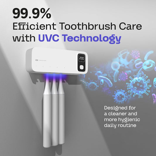UV Toothbrush Sanitizer Holder Wall Mounted - Electric Tooth Brush Cleaner Holders Sanitizing Cleaning Air Drying with UV-C Light LED Screen Smart Cover - Mount Organizer for Bathroom Mirror