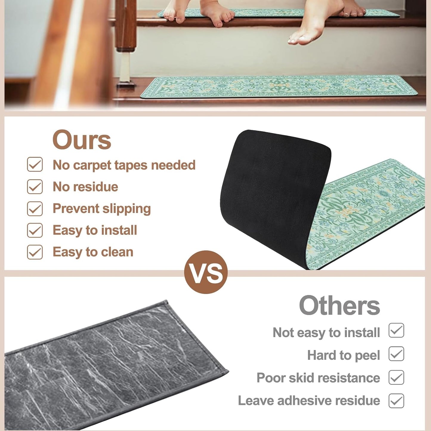 OJIA Floral Stair Treads Non-Slip Stair Runner for Wooden Steps Indoor 15PCS 30"x8" Carpet Stair Treads Stair Mats Staircase Step Treads for Kids, Elders and Dogs, Stair Covers, Black