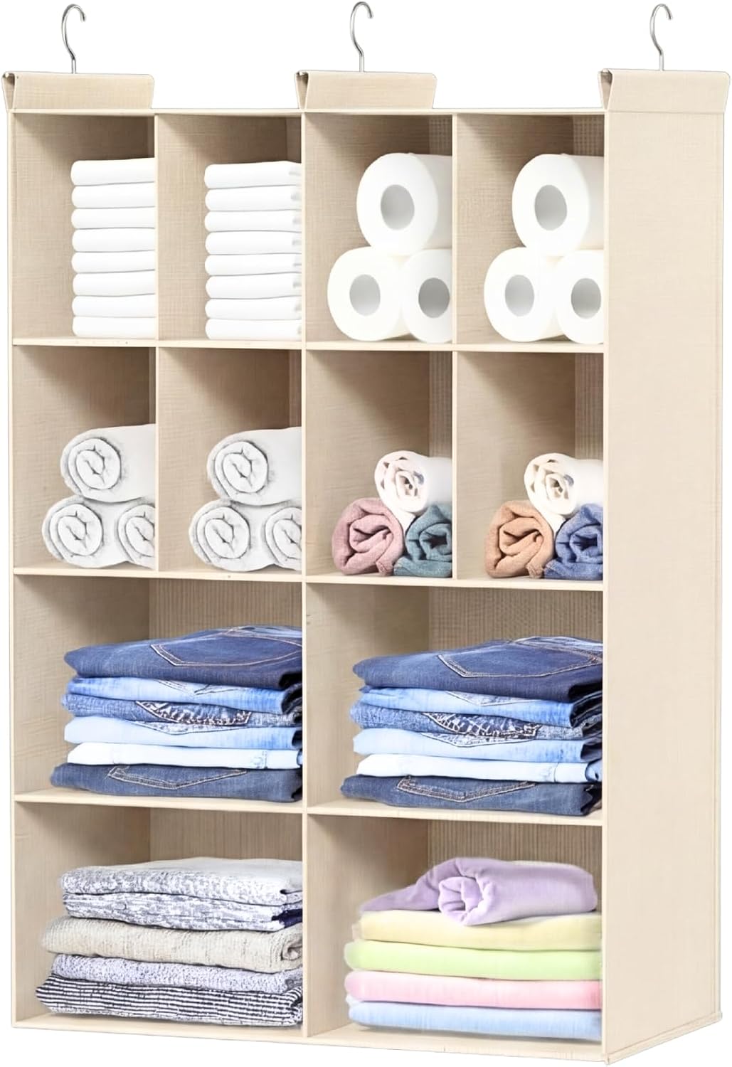 Ofiray-home 6 Tier Hanging Closet Organizer, 16 Compartments Sweater Organizer for Closet with 3 Sturdy Hooks, Closet Organizers and Storage, Wardrobe, Rv, Garment Rack, Grey