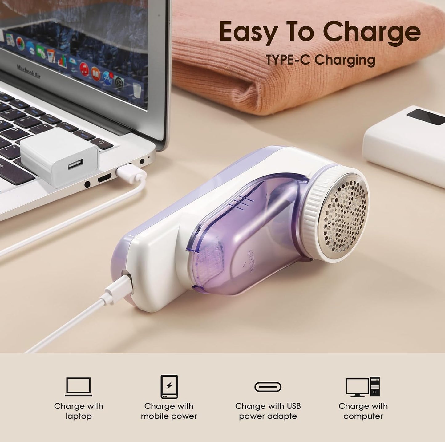 Fabric Shaver Rechargeable, Electric Lint Remover & Pill Remover for Clothes, USB-C Sweater Shaver with 6-Leaf Blade Depiller, Removes Fuzz Pills Bobbles from Cashmere Fleece Couch Furniture