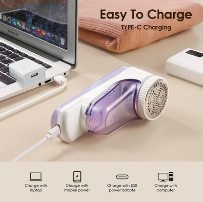 Fabric Shaver Rechargeable, Electric Lint Remover & Pill Remover for Clothes, USB-C Sweater Shaver with 6-Leaf Blade Depiller, Removes Fuzz Pills Bobbles from Cashmere Fleece Couch Furniture