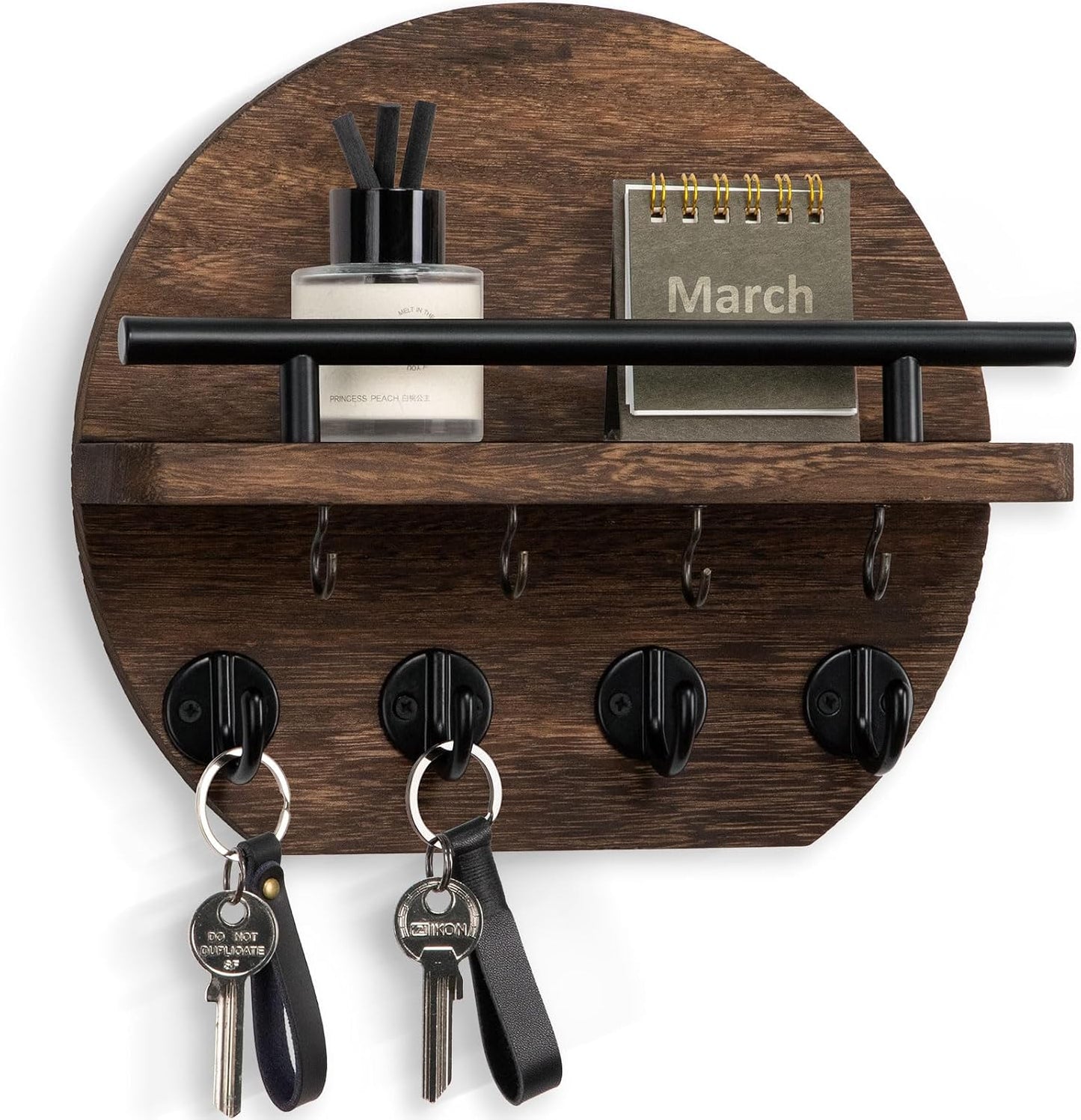 Nekon Key Holder for Wall - 9.8 Inch Apartment Wall Decor with Shelf and 8 Key Hooks, Circular Wood Key Hanger for Home Decor (Black with Golden Hooks)