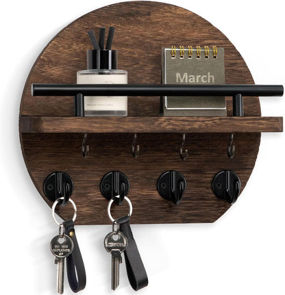 Nekon Key Holder for Wall - 9.8 Inch Apartment Wall Decor with Shelf and 8 Key Hooks, Circular Wood Key Hanger for Home Decor (Black with Golden Hooks)