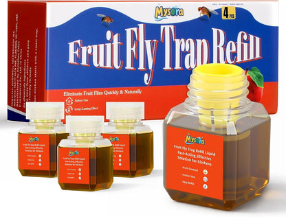 4 Pack Fruit Fly Trap Refill Liquid, with Funnel, 0.68 Ounces Per Bottle, Effective Fruit Fly Bait Refill, Suitable for Indoor Use, Kitchen Countertops, Home Environments, Non-Toxic