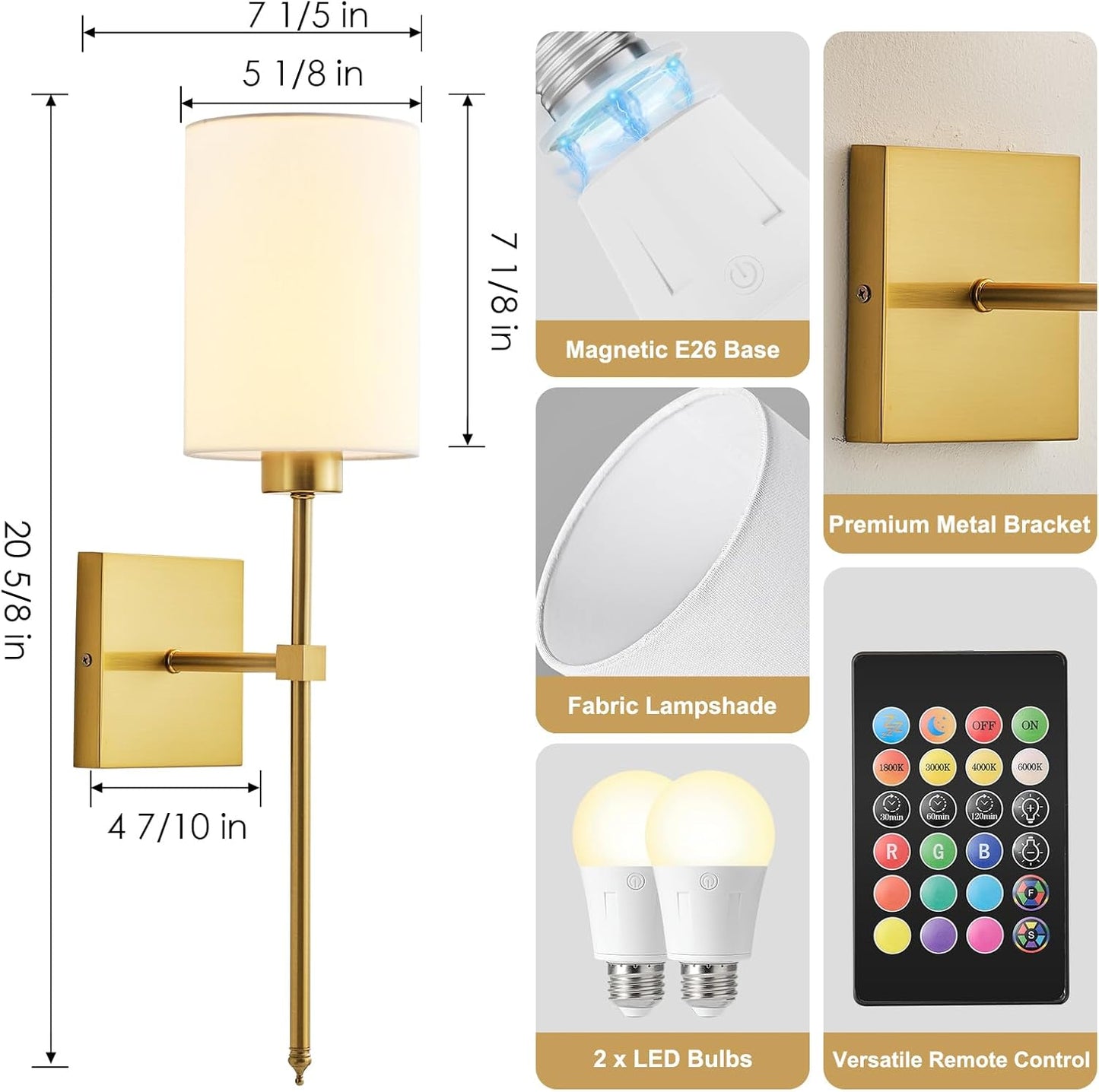 Battery Operated Wall Sconces Set of Two,Wireless Rechargeable Wall Light With Remote Control, Dimmable, Amber Light/Warm White/Natural White/Daylight/RGB, Timer,for Living Room,Bedroom,Entryway,Gold