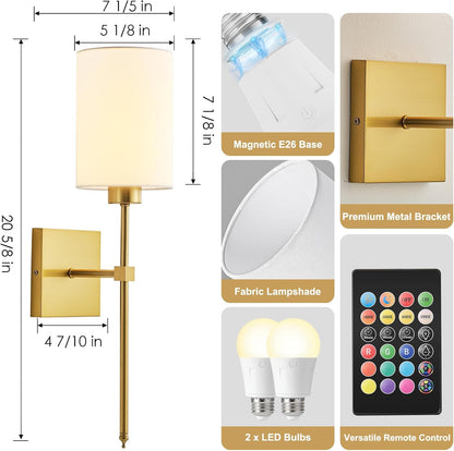Battery Operated Wall Sconces Set of Two,Wireless Rechargeable Wall Light With Remote Control, Dimmable, Amber Light/Warm White/Natural White/Daylight/RGB, Timer,for Living Room,Bedroom,Entryway,Gold