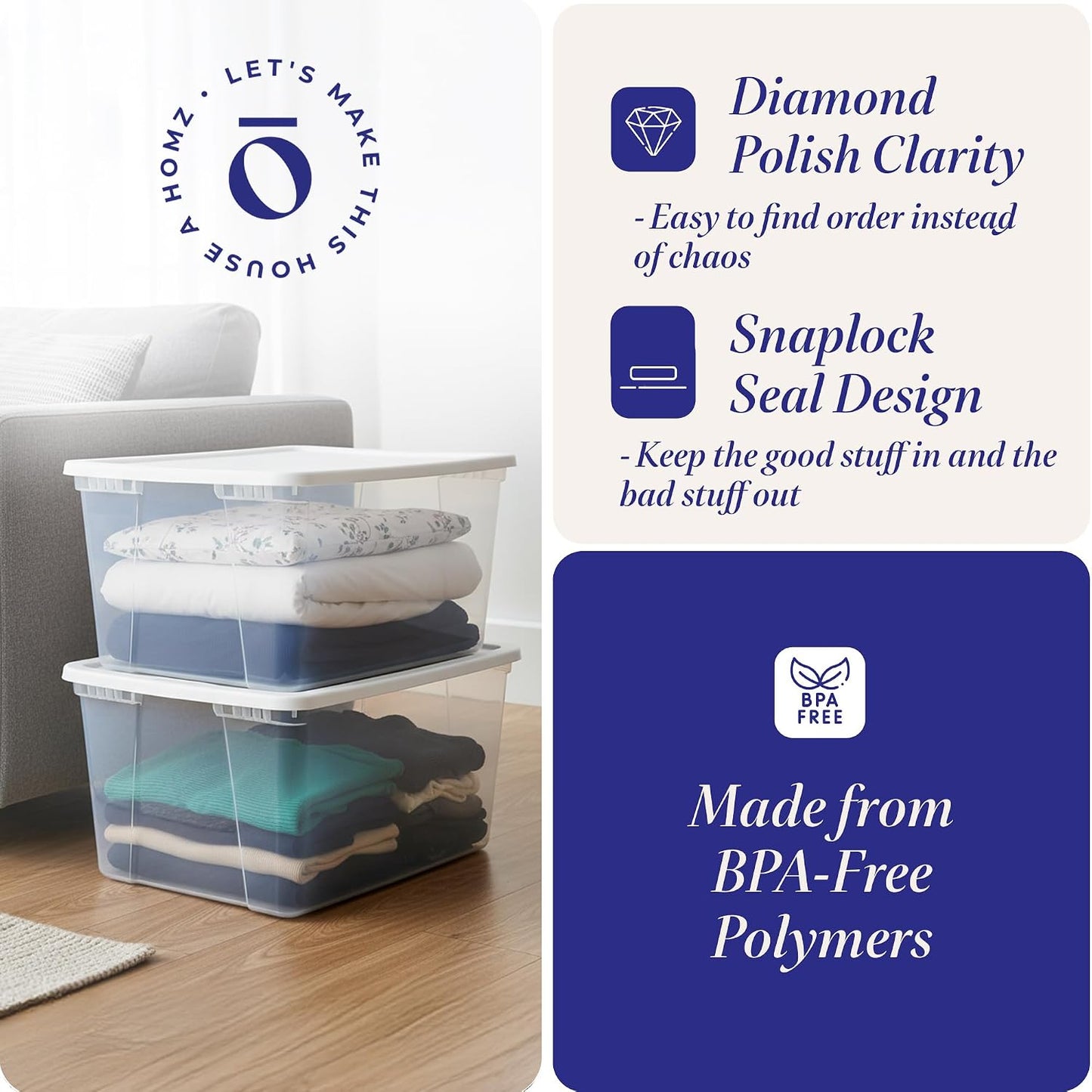 HOMZ 2-Pack Snaplock, Small Clear Plastic Storage Organizer Bins w/ Lids, 28 Quart, Gray - Stackable Container Boxes for Bedroom, Bathroom, Garage, and Office Organization