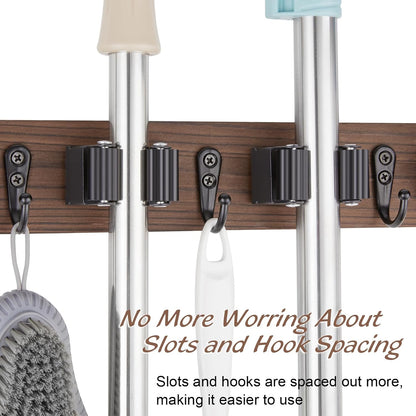 OUTNILI Mop and Broom Holder Wall Mount - Wood Broom Mop Hanger - Wall Mounted Garden Tool Rack Organizer for Closet Garage Laundry Room for Rustic Kitchen Decor With 5 Slots & 4 Hooks