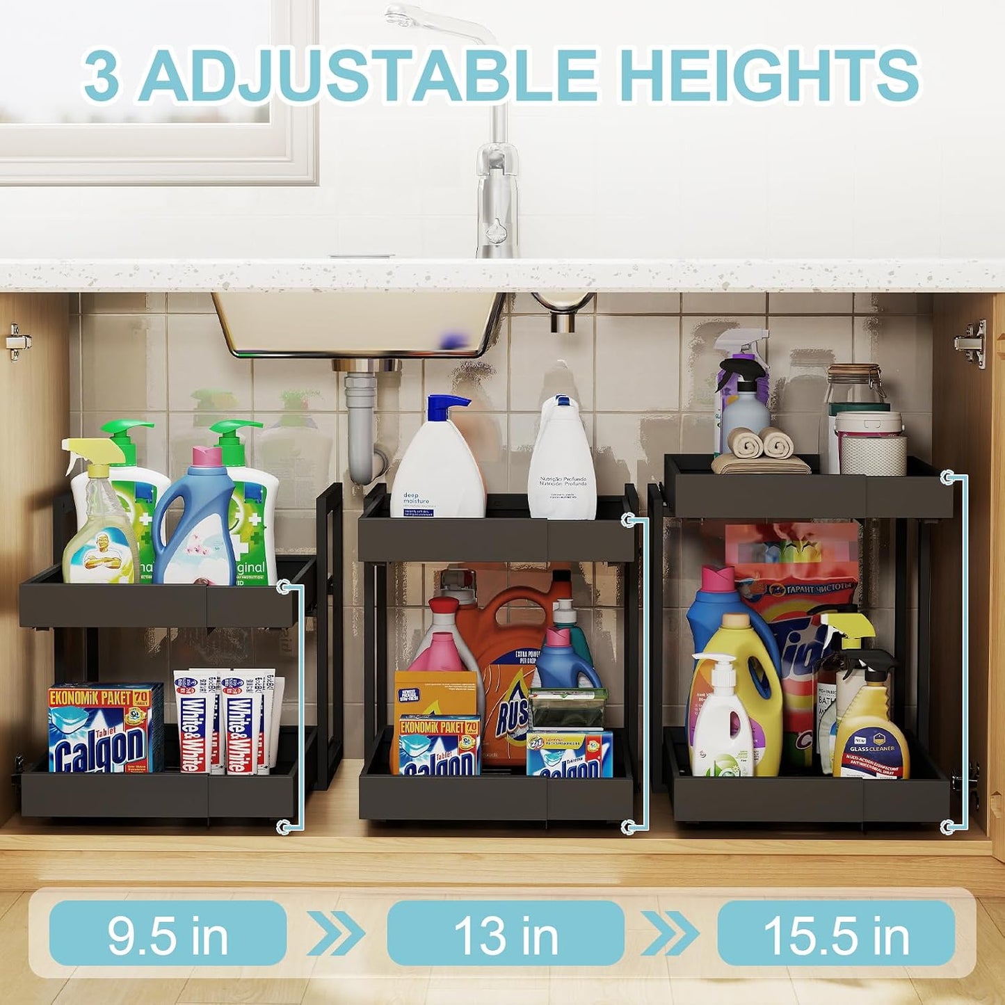 Golener 2-Tier Expandable Pull Out Cabinet Organizer - Slide Out Drawers for Kitchen Cabinets, Bathroom Organizers and Storage, Under Sink Organizer for Kitchen Storage Organization, White Metal Frame