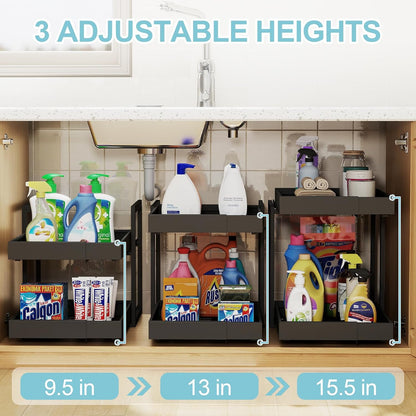 Golener 2-Tier Expandable Pull Out Cabinet Organizer - Slide Out Drawers for Kitchen Cabinets, Bathroom Organizers and Storage, Under Sink Organizer for Kitchen Storage Organization, White Metal Frame