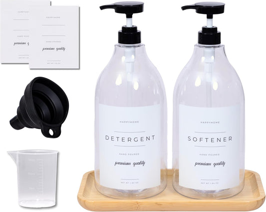 Laundry Detergent Dispenser - Fabric Softener Liquid Dispenser for Laundry Room - 64oz Plastic Soap Dispenser, Waterproof Labels, Collapsible Funnel, Extra Labels, Measuring Cup&Bamboo Tray - Set of 2