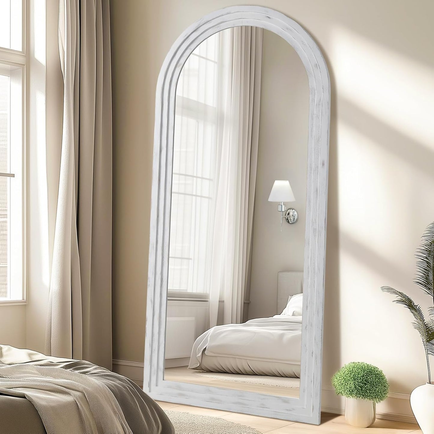MELOMOIR Arched Full Length Mirror with Solid Wood Frame, 56"x21" Rustic Farmhouse Floor Mirror with Stand, Free Standing Leaning Hanging, for Bedroom Living Room Dressing Room Entryway, Brown