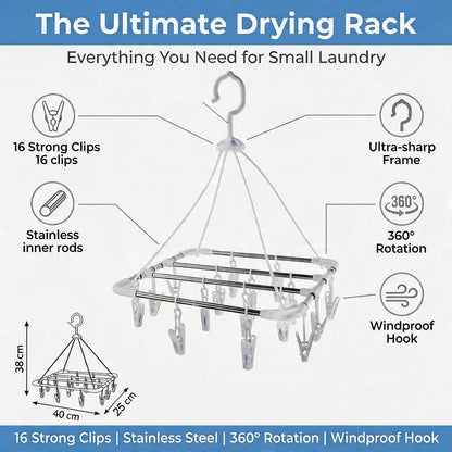 16 Clips Clothes Drying Rack, Stainless Steel Inner Rods Laundry Hanger with Windproof Hook & 360° Rotation, Space Saving Sock Dryer for Underwear, Baby Clothes, Towels, Small Laundry