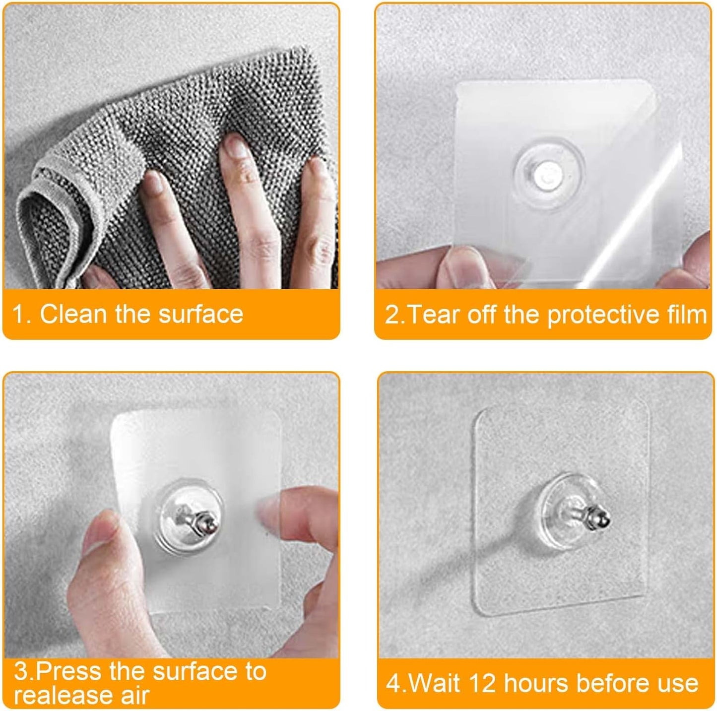 Large Adhesive Hooks for Hanging Heavy Duty 60Ib(Max) 8 Packs, Waterproof & Rustproof Wall Hangers Without Nails for Kitchen, Bathroom, Home, Office, Coat, Towel, Plant, Transparent
