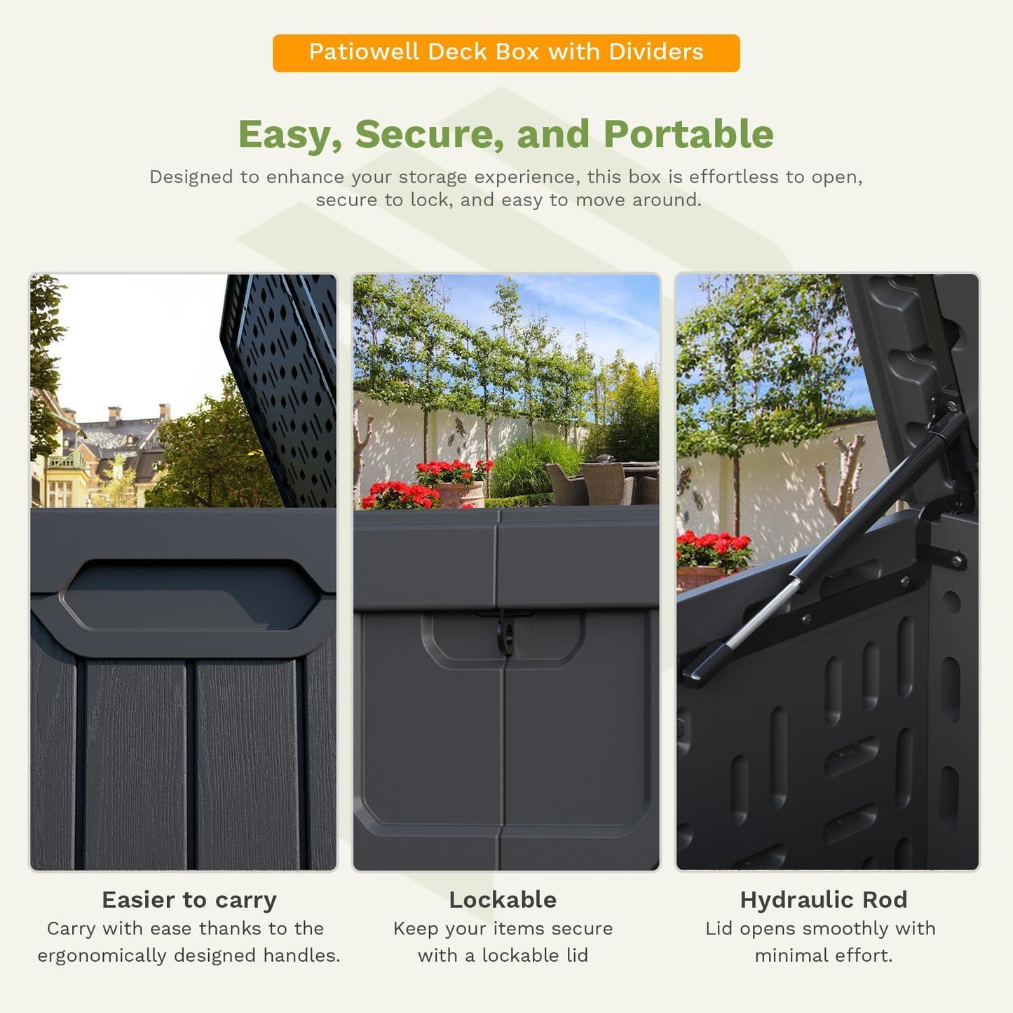 Patiowell 100 Gallon Resin Deck Box, Waterproof Large Outdoor Storage Box for Patio Furniture and Garden Tools, Black