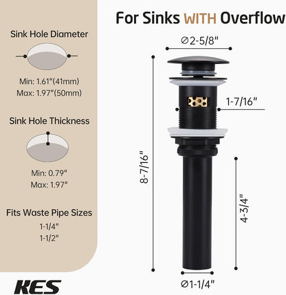 KES Bathroom Sink Drain with Overflow, All Metal Pop Up Drain for Bathroom Sink Stopper with Brass Strainer Basket Hair Catcher Anti Clog Rustproof 18/8 Stainless Steel Matte Black, S2018A-BK