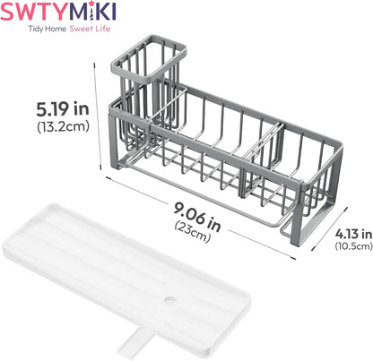 SWTYMIKI Sink Caddy Sponge Holder - Large Sponge Holder for Kitchen Sink with 360°Auto-Drain Tray, Rustproof Stainless Steel Kitchen Organizer Caddy for Countertop Organization