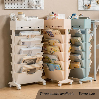 Rolling Bookshelf Cart with Wheels, 6 Tier Movable Bookshelf for Storage, Portable Bookshelf on Wheels for Kitchen Bathroom Office, Slim Book Cart, Off White