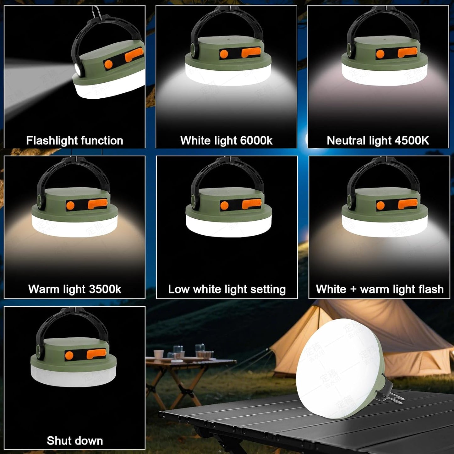 Camping Light Rechargeable, LED Camping Lantern for Power Outages, Waterproof Emergency Tent Light for Camping with Magnet Hook, Power Bank & Flashlight, 100W 6000mAh, Army Green