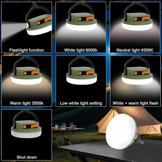 Camping Light Rechargeable, LED Camping Lantern for Power Outages, Waterproof Emergency Tent Light for Camping with Magnet Hook, Power Bank & Flashlight, 100W 6000mAh, Army Green