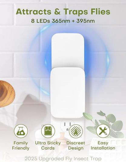 Flying Insect Trap Indoor - Plug-in Fly Catcher and Killers Includes Refills for House Flies, Fruit Flies, Gnats,and Moths, Bug Light Killer, Cover up to 600 ft², Off-White, 2 Traps + 8 Refills