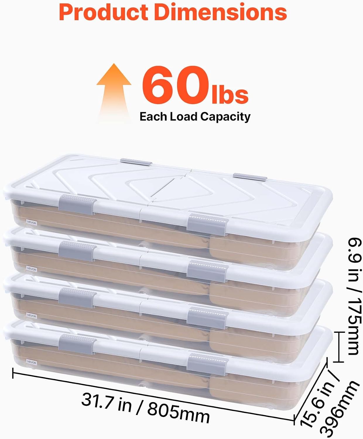 VEVOR Under Bed Storage with Wheels, 31.7 x 15.6 x 6.9 inch Underbed Containers, Underbed Shoes Organizer with Lid & Gray Latch, Rolling Under the Bed Storage Bins for Clothes Shoes Blankets, 4 Pack