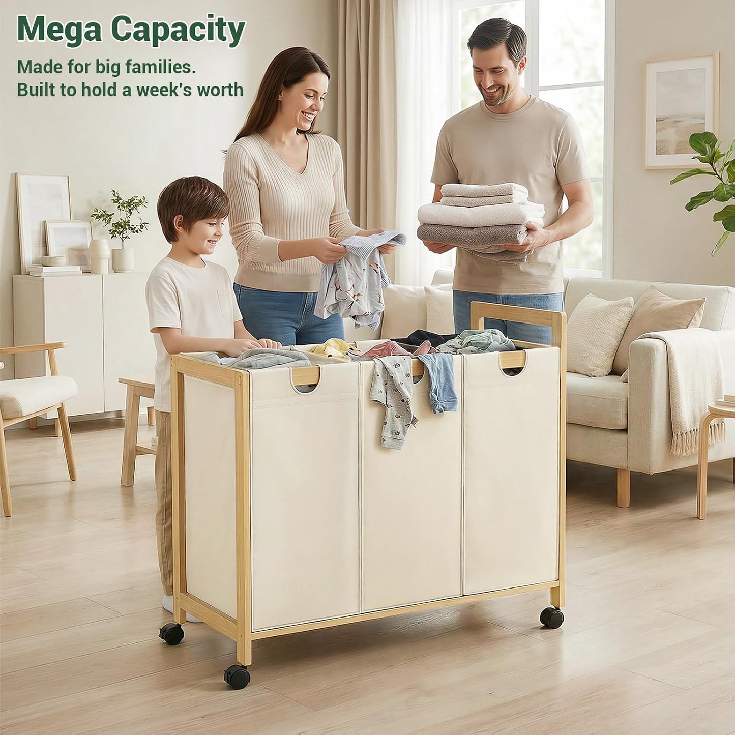 Homykic 250L Laundry Sorter Cart with Wheels, 3-Section Rolling Laundry Basket with Removable Bags, 66 Gal Large Laundry Hamper Organizer, Heavy Duty Bamboo Frame, Water-Resistant, Black