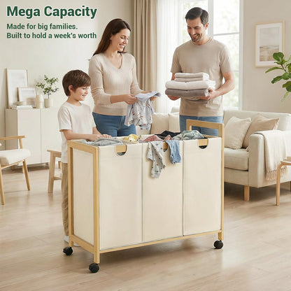 Homykic 250L Laundry Sorter Cart with Wheels, 3-Section Rolling Laundry Basket with Removable Bags, 66 Gal Large Laundry Hamper Organizer, Heavy Duty Bamboo Frame, Water-Resistant, Black