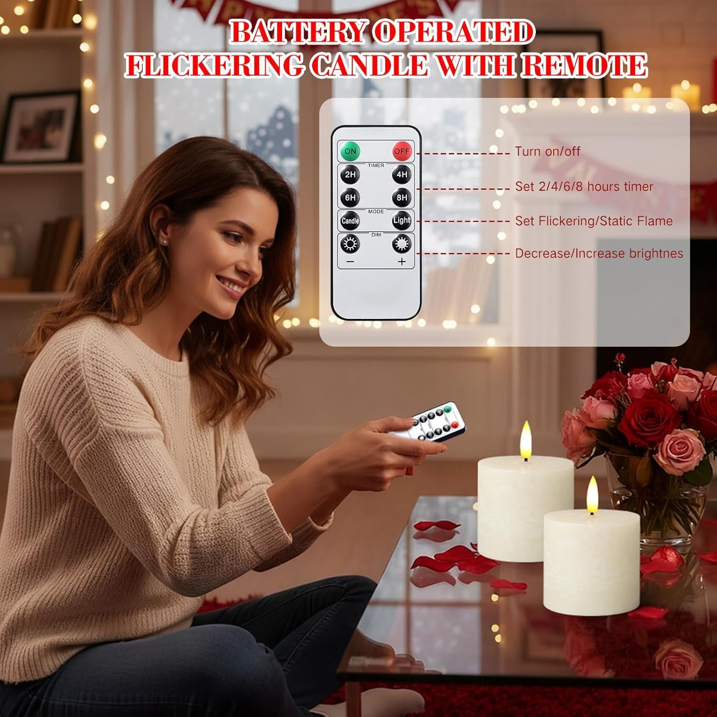 Retisee Valentine's Day Flameless Pillar Candles Set of 3 Battery Operated Candle with Remote Control Timers Real Wax Flat Top Flickering Small LED Candles for Valentine Decor Dinner(Ivory,3x3 Inch)