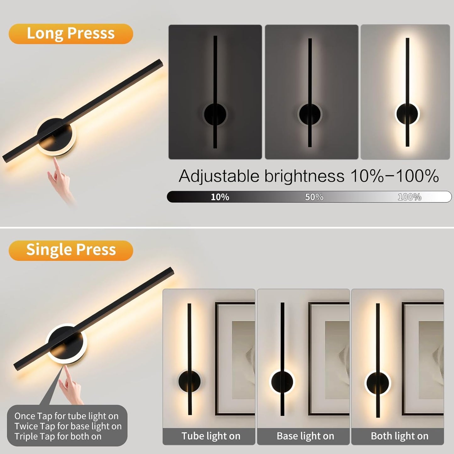 24 Inch Battery Operated Wall Sconce Set of 2, Dimmable Battery Sconces with Remote Control, 8000 mAh Rechargeable Sconces, 350° Rotate Modern LED Lights for Bedroom, Living Room, Black Gold
