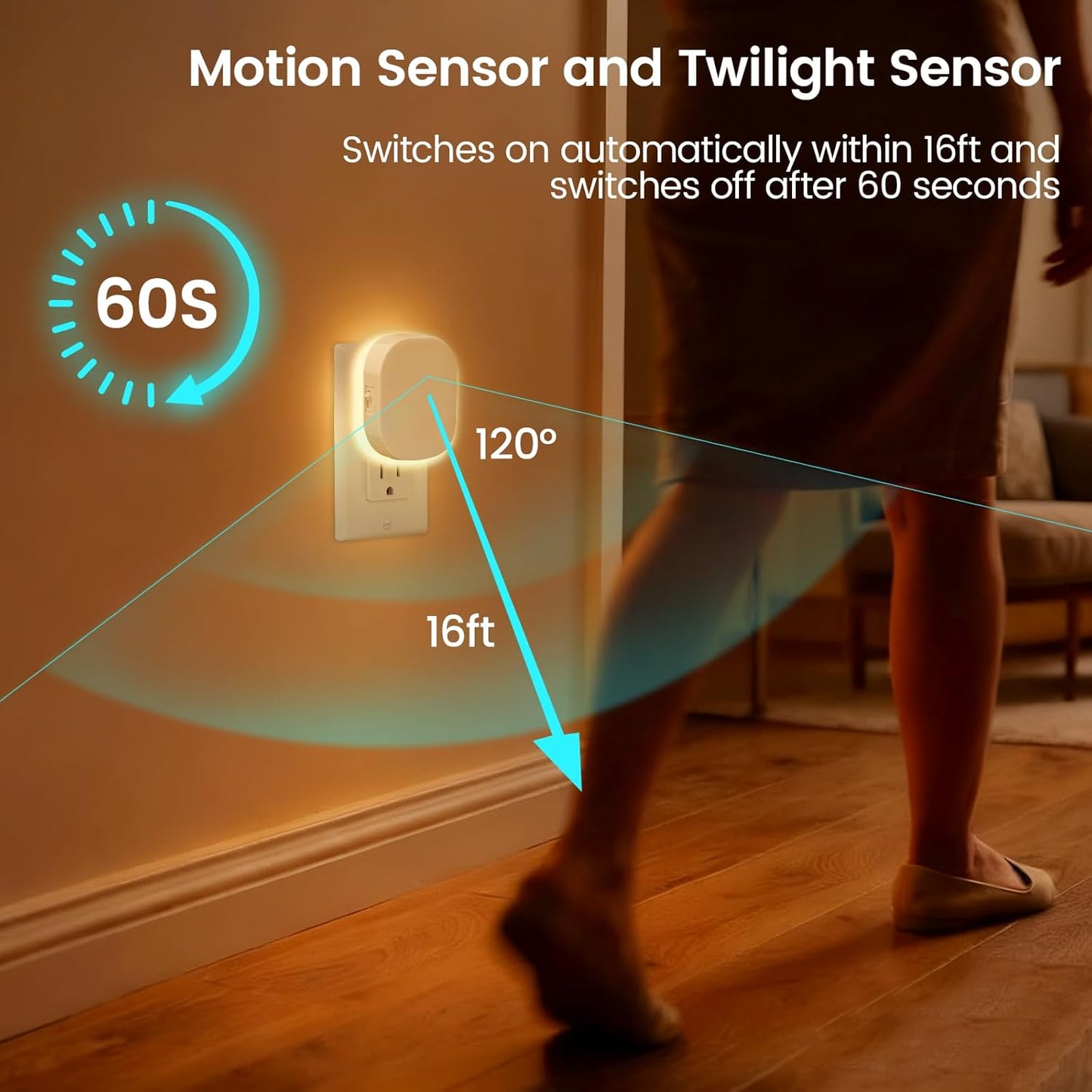 Plug-in LED Backlit Night Light with Motion Sensor, Dimmable Brightness Eye-Caring Warm White Nightlight for Baby & Kids' Bathroom, Nursery, Bedroom, Hallway (2 Pack)