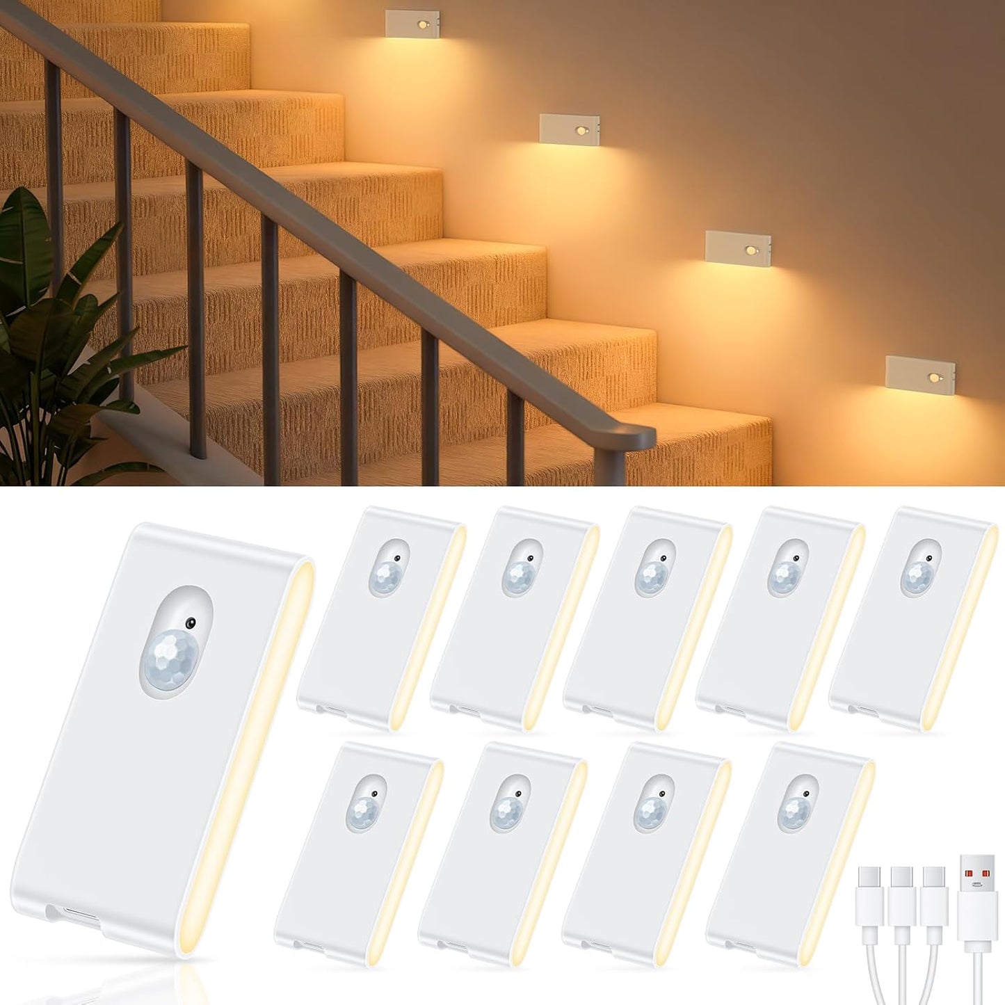 WILLED Motion Sensor Night Light, Rechargeable Stair Lights Indoor, Warm White Motion Sensor Light Indoor, Battery Operated Night Light for Hallway, Stairway, Bathroom, Bedroom, Kitchen, 3 Pack