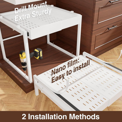 2-Tier Expandable Pull Out Cabinet Organizer, Heavy Duty Adjustable Width Metal Slide Out Shelf, No Screw Cabinet Storage Rack for Kitchen Bathroom 17in Depth Cabinet（Black）
