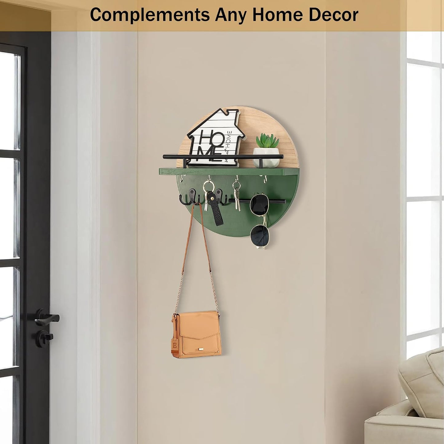 dreampossible Key Holder for Wall Decorative with Shelf and Hooks, Mail Organizer Wall Mount, Circular Design Entryway Key Rack Hanger, Rustic Home Decor (Black)