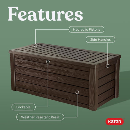 Keter 150 Gallon Resin Large Deck Box Organization and Storage Box for Patio, Outdoor Cushions, Garden Tools, Brown | Hydraulic Pistons, Resin, Weatherproof