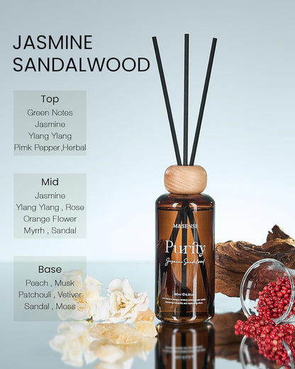 M&SENSE Reed Diffuser Set, Jasmine Sandalwood Scented 6.3 fl oz Natural Essential Oil Diffusers with Sticks, Non-Toxic Organic Air Freshener, Long-Lasting Fragrance Oils for Home Bathroom Living Room