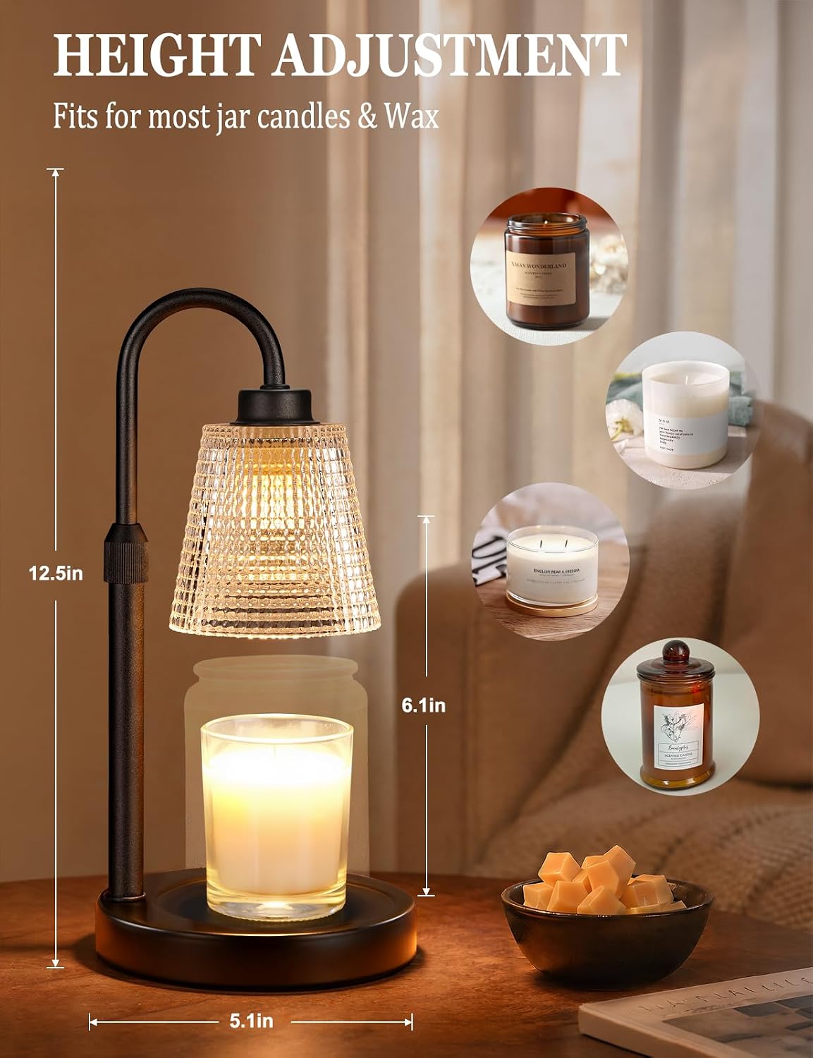 Candle Warmer Lamp with Timer Dimmable, Wax Warmer for Scented Jar Candles, Adjustable Height Candle Lamp for Home Decor, Birthday Gifts for Women Mom House Warming Gifts, Matte Black