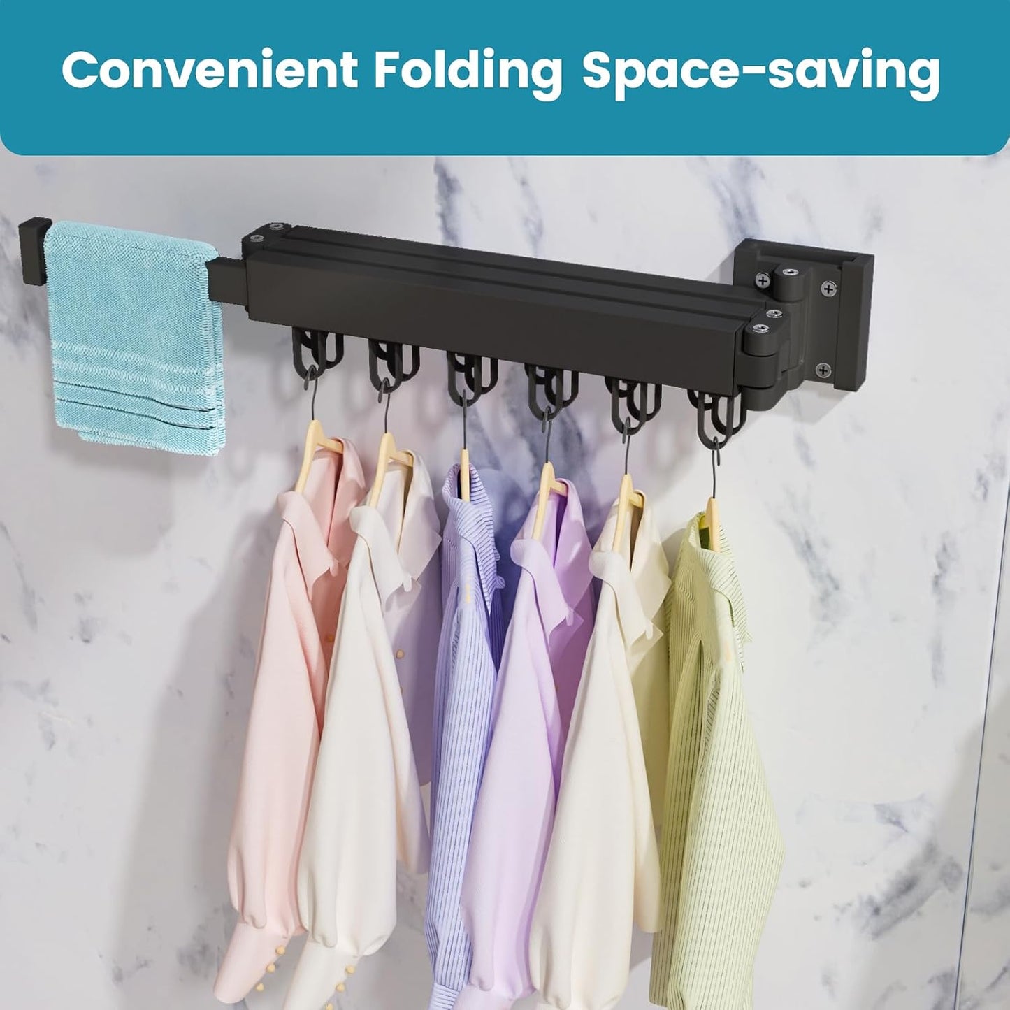 Abiglifty Clothes Drying Rack Wall Mounted, Laundry Drying Rack Collapsible, Foldable & Retractablewith 18 Hooks for Indoor/Outdoor Use inLaundry Room, Bathroom & Balcony (White)