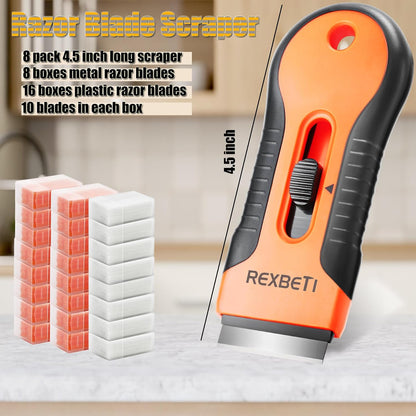 REXBETI Razor Blade Scraper Tool, 2 Pack Razor Scraper Set with Extra 80Pcs Razor Blades -30Pcs Metal and 50Pcs Plastic Blades, Cleaning Scraper Tool, Cooktop, Paint, Glass Scraper