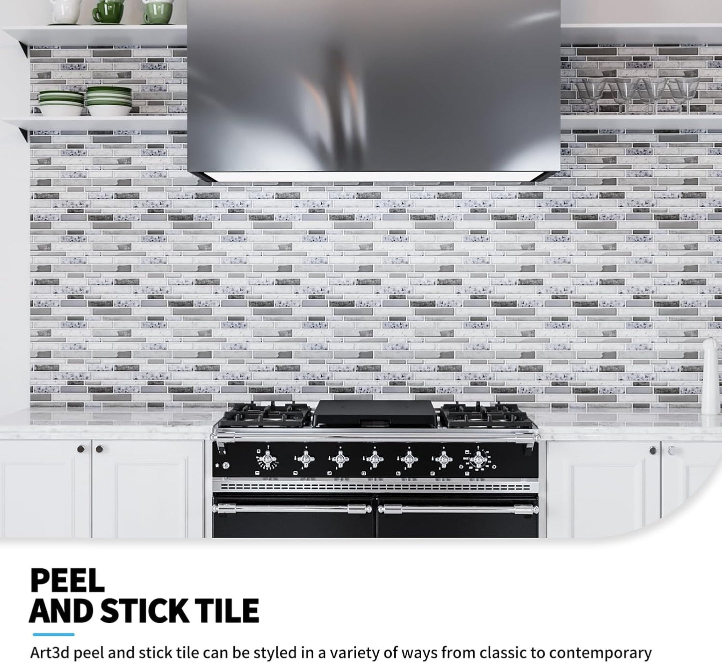Art3d 10-Sheet Premium Stick On Kitchen Backsplash Tiles, 12"x12" Peel and Stick Self Adhesive Wall Tiles, White Marble Design