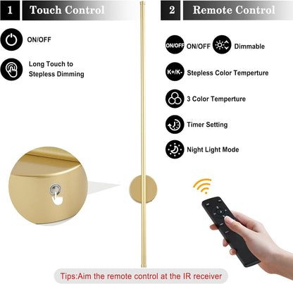 Battery Operated Modern Wall Sconces, Dimmable Wireless Wall Light Set of Two with Remote Control, 3 Color Temperatures, Rechargeable LED Wall Sconce for Bedroom, Living Room, Hallway, 23.6 Inch Brass