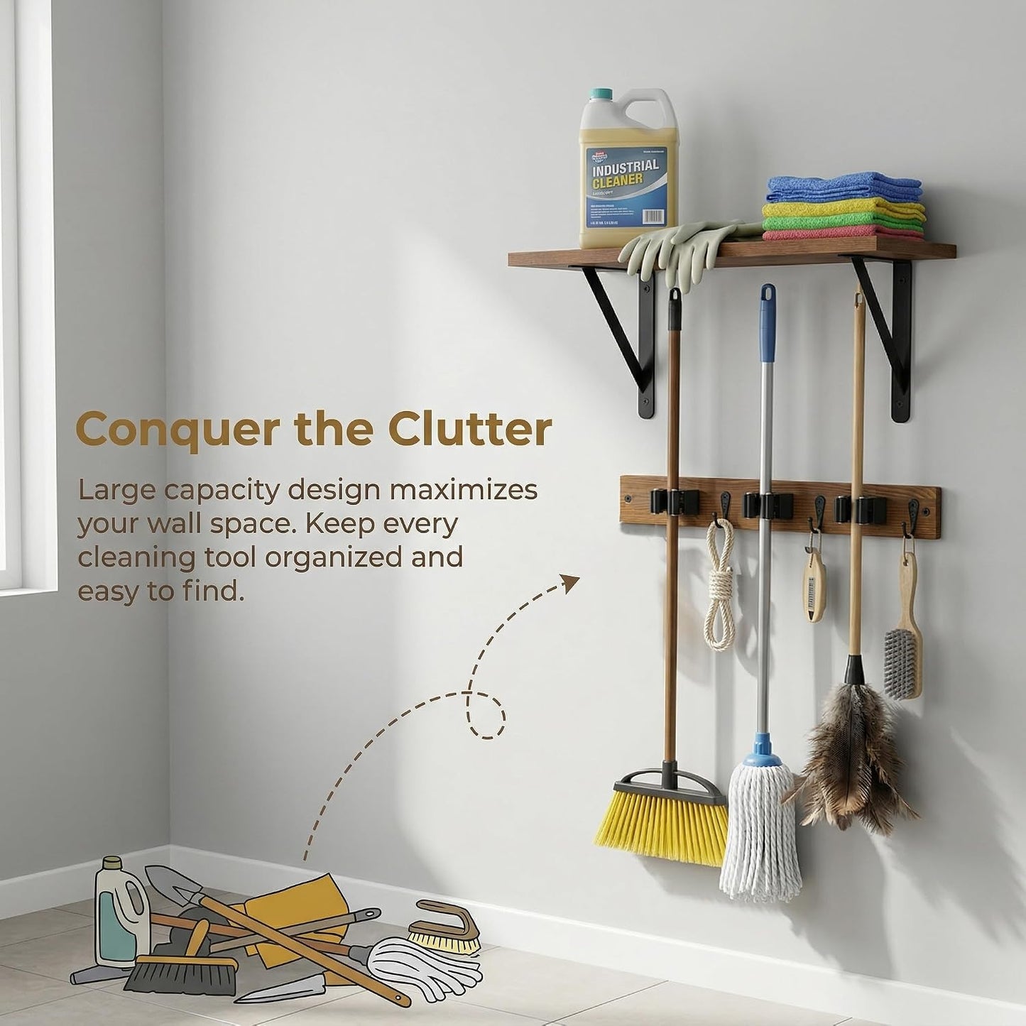 Wooden Broom Holder Wall Mount with Hooks and Shelf Mop Hangers Storage Rack with Cleaning Supplies Organizer Farmhouse Garage Laundry Room Wood Shelf (Brown, 1)